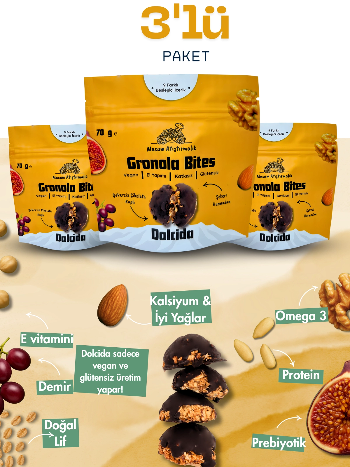 3 Paket Vegan Çikolatalı Granola Bites